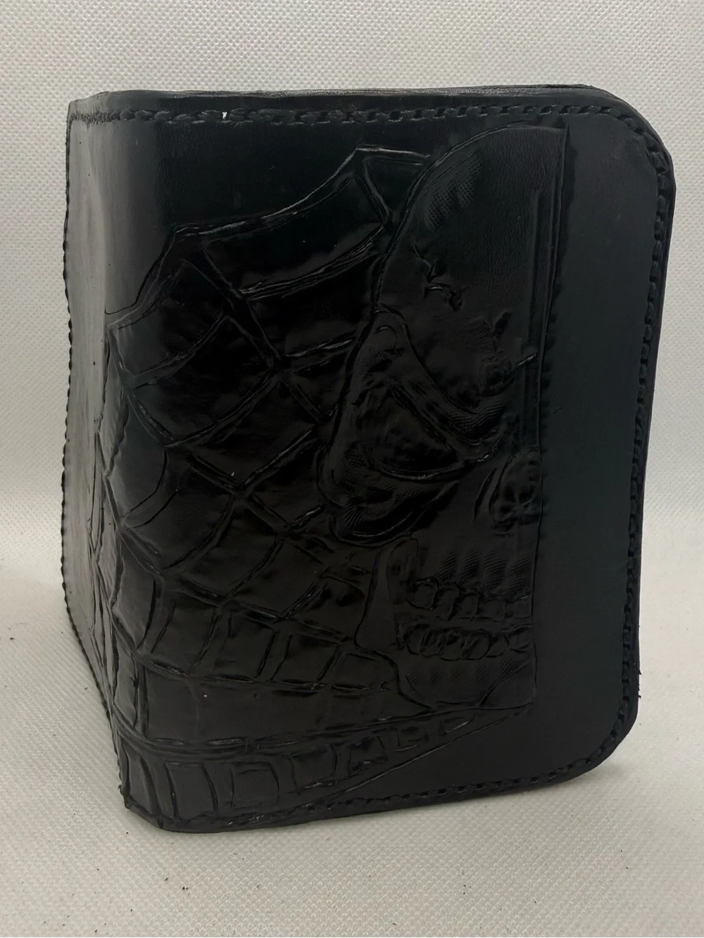 Handmade Black Leather Passport Holder, Skull & Spiderweb Tooled Design